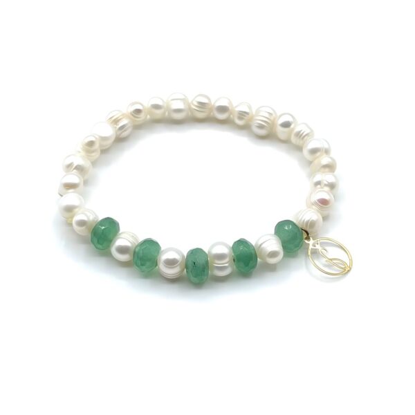 Or 18 ct | Perles d'Eau Douce & Agate Verte Naturelle 1 cm | Bracelet Ajustable