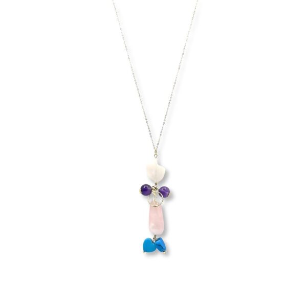 Sautoir élégant de 83 cm en or 18 ct avec Quartz rose, Améthyste et Turquoise, Collection Lutins Enchanteurs, une symphonie de couleurs douces.