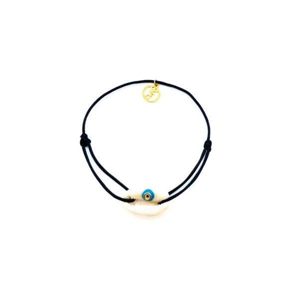 Bracelet ajustable en cordon noir avec cauri naturelle et œil turquoise, Collection Cauri Protect T, élégance et protection stylisée.