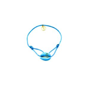 Bracelet ajustable avec cordon turquoise et cauri teintée bleue, Collection Cauri Protect BBF, un accessoire éclatant pour la protection et le style.