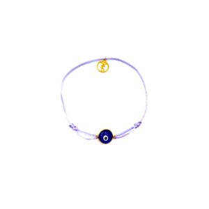 Bracelet ajustable en cordon mauve clair avec œil en verre bleu foncé et or 18 ct, Collection Eye Protect MBF, une élégance protectrice.