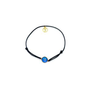 Bracelet ajustable en cordon noir avec œil en verre bleu turquoise et or 18 ct, Collection Eye Protect NBF, élégance et protection stylée.