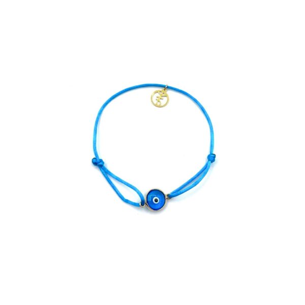 Bracelet ajustable en cordon mauve clair avec œil en verre bleu turquoise et détails en or 18 ct, Collection Eye Protect BBT, un bijou de protection avec style.
