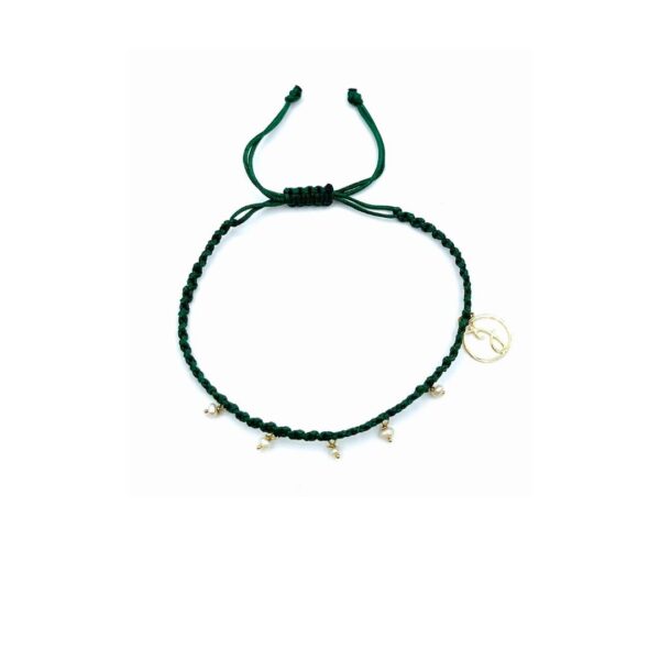 Bracelet ajustable en cordon tissé vert avec perles naturelles d'eau douce et or 18 ct, Collection Cordon Helahop, une élégance naturelle et raffinée.